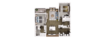 A floor plan of a house with a living room, kitchen, and two bedrooms.