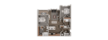 A 3D rendered image of a house layout with a living room, kitchen, and two bedrooms.