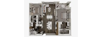 A 3D floor plan of a house layout.