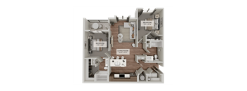 A 3D floor plan of a home showing a living room, dining room, kitchen, and two bedrooms.