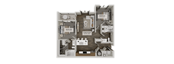 A 11' x 12' living room with a kitchen, dining room, and two bedrooms.