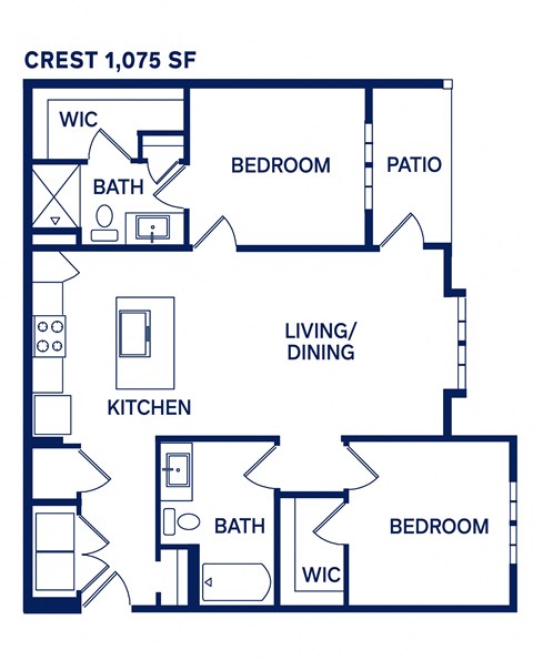 a floor plan of a two bedroom apartment with a bathroom and kitchen at Drift, Daytona Beach