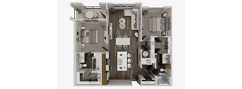 A top-down view of a modern, open-concept kitchen and living room layout.