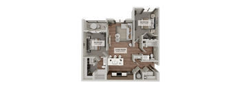 A 3D rendered image of a house layout with two bedrooms, a living room, and a kitchen.