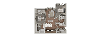 A 3D rendered image of a house layout with two bedrooms and a living room.