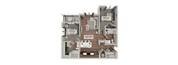 A 3D rendered image of a house layout with a living room, two bedrooms, and a kitchen.