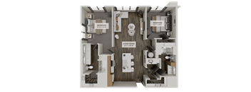 A detailed 3D floor plan of a two-bedroom apartment.