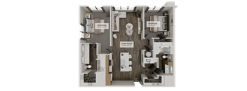 A 3D floor plan of a two-bedroom apartment with a living room and kitchen.
