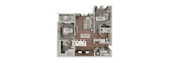 A 3D diagram of a house layout with a living room, kitchen, and two bedrooms.