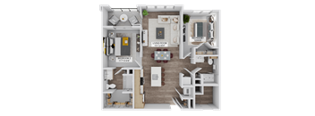 A 3D floor plan of a two-bedroom apartment with a living room, kitchen, and bathroom.