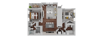 A 3D floor plan of a house with a living room, kitchen, and two bedrooms.