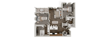 A 3D rendered image of a house layout with a living room, kitchen, and bedroom.