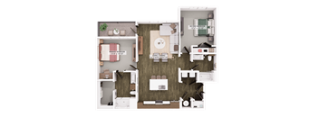 A floor plan of a house with a living room, dining room, kitchen, and two bedrooms.