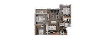 A 3D rendered image of a house layout with labeled rooms.