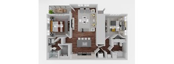 A 3D floor plan of a house with a living room, kitchen, and two bedrooms.  at The Junction at Rockledge Apartments, Florida
