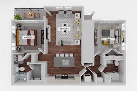 A 3D floor plan of a house with a living room, kitchen, and two bedrooms.  at The Junction at Rockledge Apartments, Florida