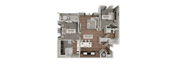 A 3D rendered image of a house layout with two bedrooms and a living room.