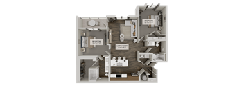 A 3D rendered image of a house layout with two bedrooms and a living room.