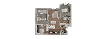 A 3D rendered image of a house layout with two bedrooms, a living room, and a kitchen.