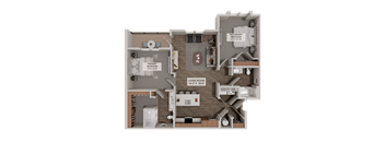 A 3D rendered image of a house layout with a living room, kitchen, and two bedrooms.