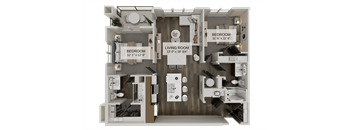 A 3D floor plan of a small apartment with two bedrooms and a living room.