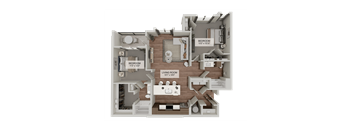 A 3D floor plan of a house showing a living room, kitchen, and two bedrooms.