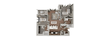 A 3D rendered image of a house layout with two bedrooms and a living room.
