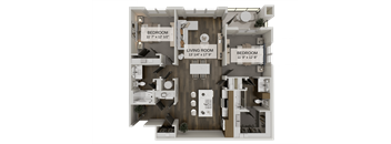 A 3D rendered image of a house layout with three bedrooms and a living room.