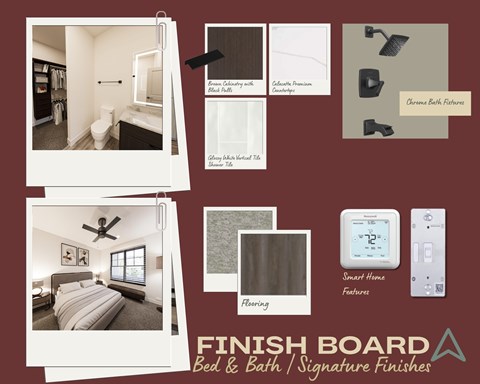 A collection of images showcasing various bedroom and bathroom finishes.