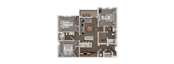 A 3D rendered image of a house layout with labeled rooms and dimensions.