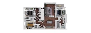 A diagram of a house layout with two bedrooms, a living room, and a kitchen.  at The Junction at Rockledge Apartments, Florida
