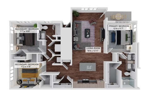 A diagram of a house layout with two bedrooms, a living room, and a kitchen.  at The Junction at Rockledge Apartments, Florida
