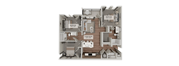 A 3D floor plan of a house with three bedrooms and a living room.