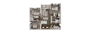 A detailed 3D floor plan of a two-bedroom apartment.