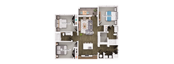 A floor plan of a house with two bedrooms, a living room, a kitchen, and a bathroom.