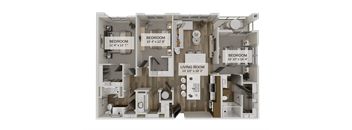 A diagram of a house layout with three bedrooms and a living room.