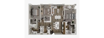 A 3D floor plan of a house showing a kitchen, living room, and bathrooms.