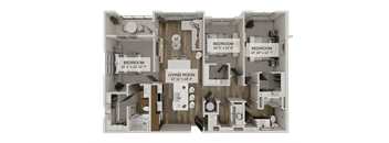 A diagram of a house layout with three bedrooms and a living room.