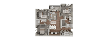 A 3D rendered image of a house layout with three bedrooms, a living room, and a kitchen.