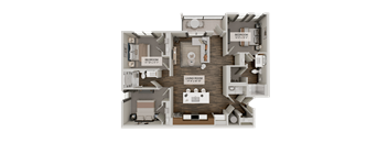 A 3D rendered image of a house layout with two bedrooms, a living room, and a kitchen.