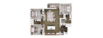 A floor plan of a house with a living room, dining room, kitchen, and two bedrooms.