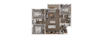 A 3D rendered image of a house layout with labeled rooms.