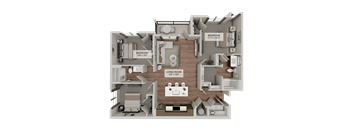 A 3D floor plan of a house showing a living room, two bedrooms, and a kitchen.