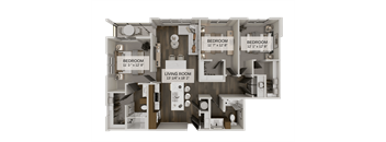 A diagram of a house layout with three bedrooms and a living room.