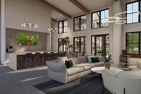 A modern living room with a bar area and a large window.
