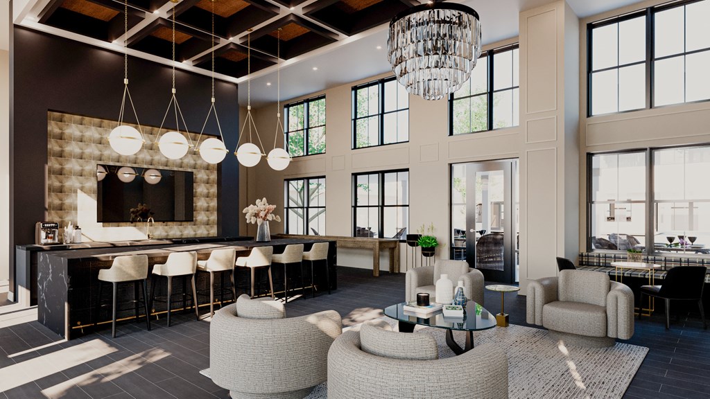 A modern living room with a fireplace and a dining area at The Landing at Lemay, Fort Collins, 80524