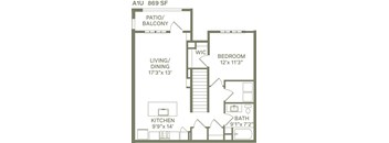 A1U - 1 Bedroom 1 Bath 869 Sq. Ft. Floor Plan at Canter, Florida