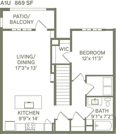 A1U - 1 Bedroom 1 Bath 869 Sq. Ft. Floor Plan at Canter, Florida