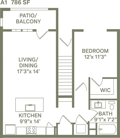 A1 - 1 Bedroom 1 Bath 786 Sq. Ft. Floor Plan at Canter, Ocala, FL, Florida, 34474