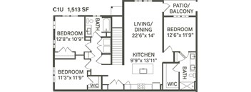 C1U- 3 Bedroom 2 Bath 1513 Sq. Ft. Floor Plan at Canter, Ocala, 34474